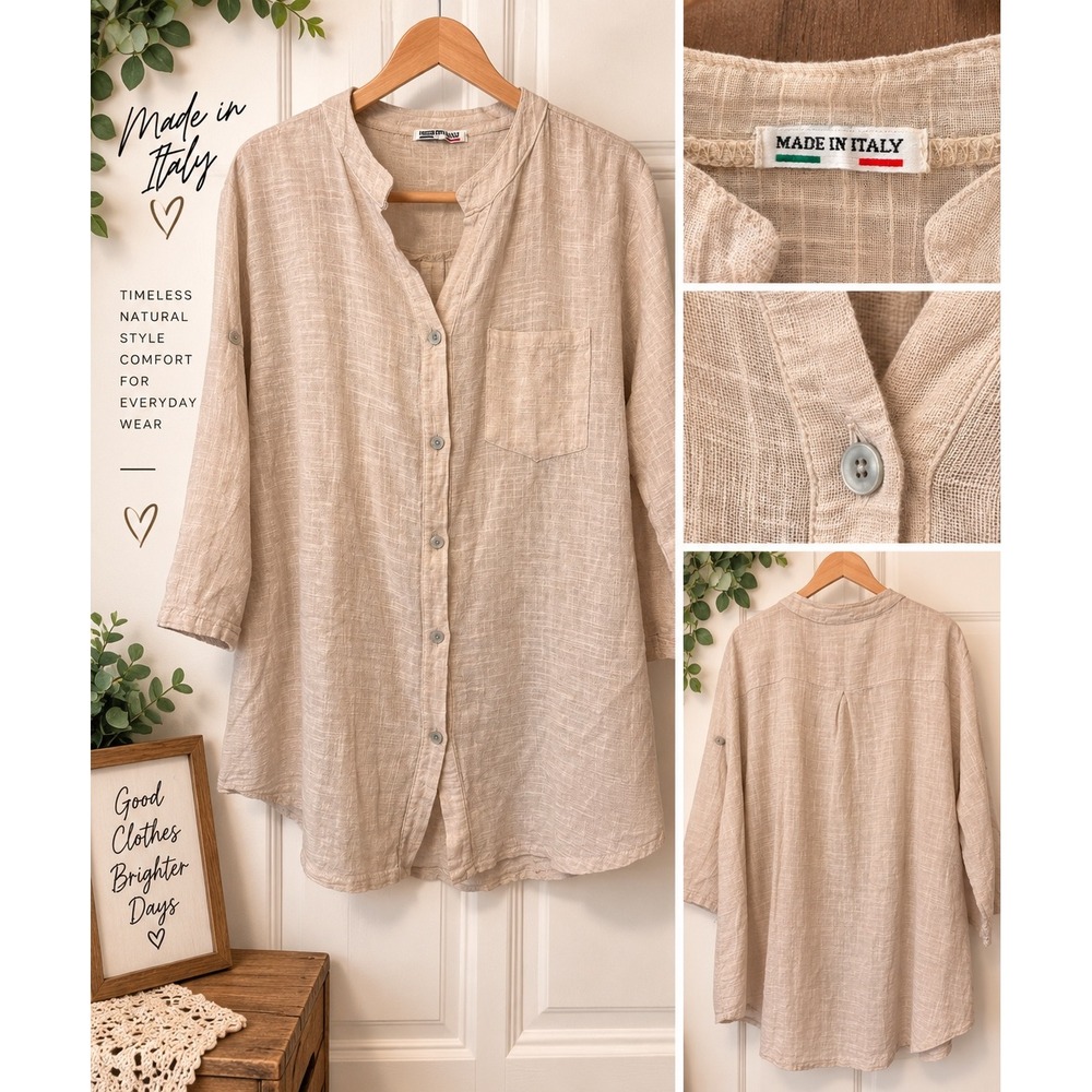 Made in Italy Beige 100% Cotton Textured Button Down Tunic Roll Tab Top XL